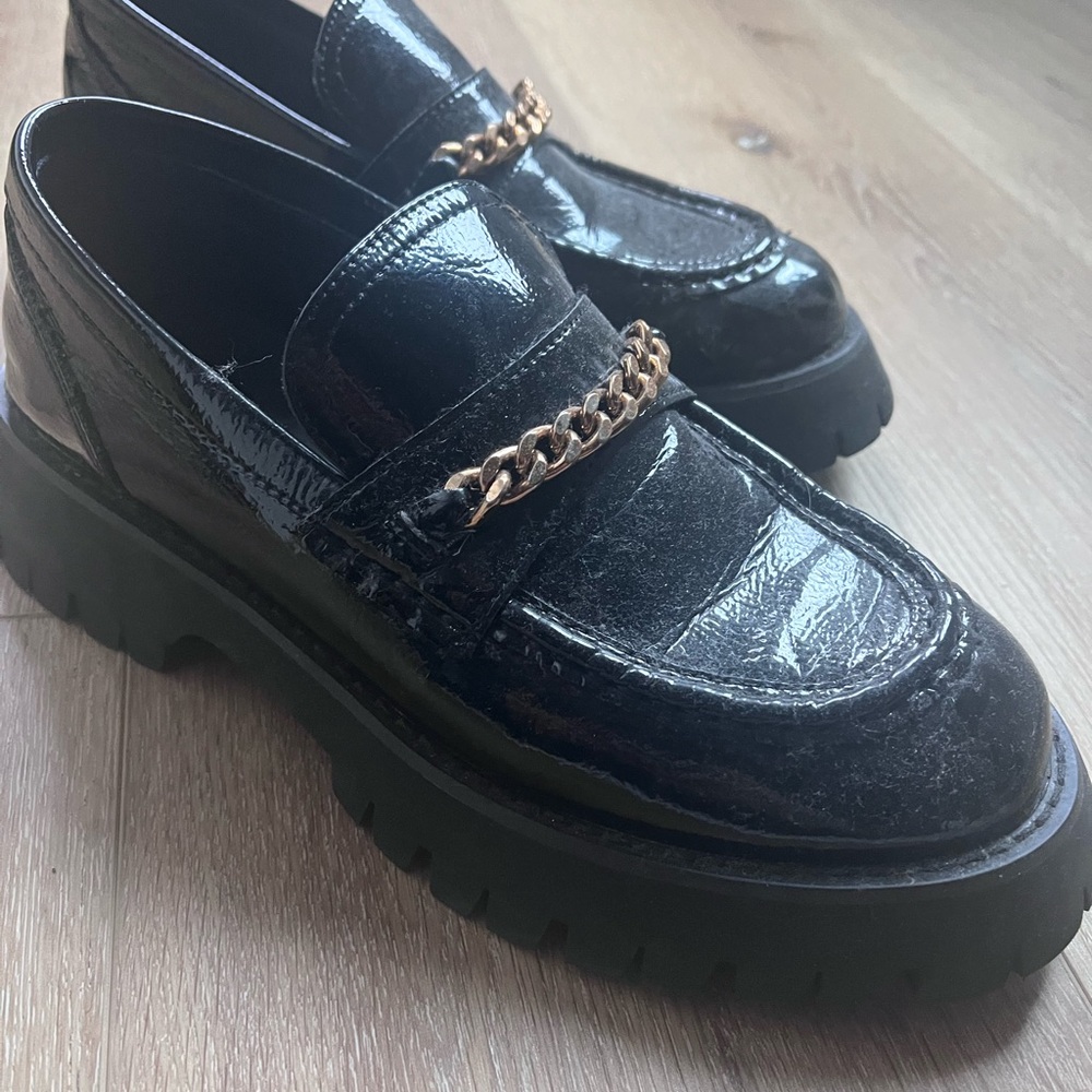 PRINCESS POLLY leather gold platform loafer